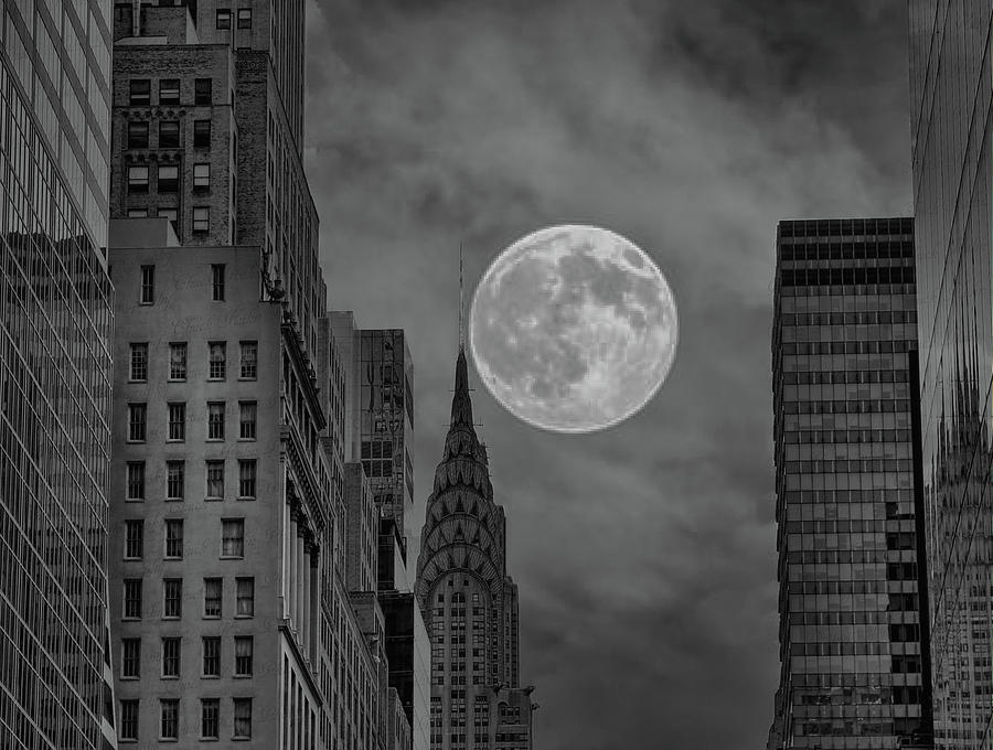 Chrysler Building New York Large Moon Black White Architecture  Photograph by Chuck Kuhn