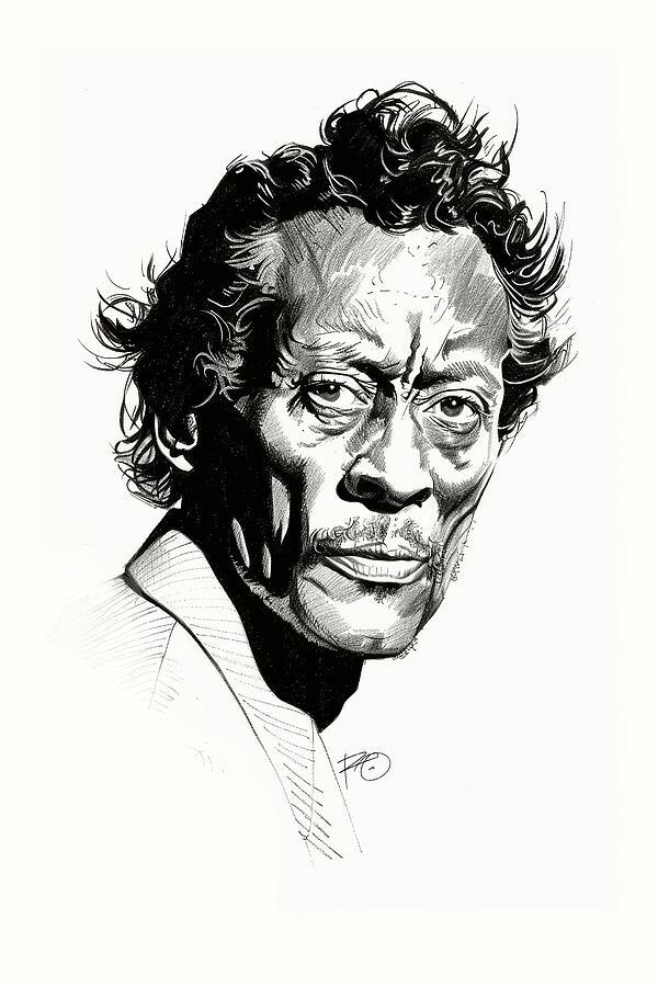 Chuck Berry Drawing - Chuck Berry Brush Pen and white ink on cream paper by Peter Farago