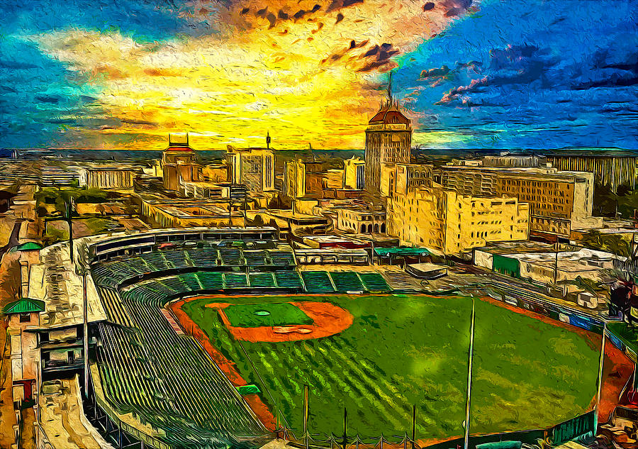 Chukchansi Park baseball stadium, and the panorama of Fresno at sunset - painting Digital Art by Nicko Prints