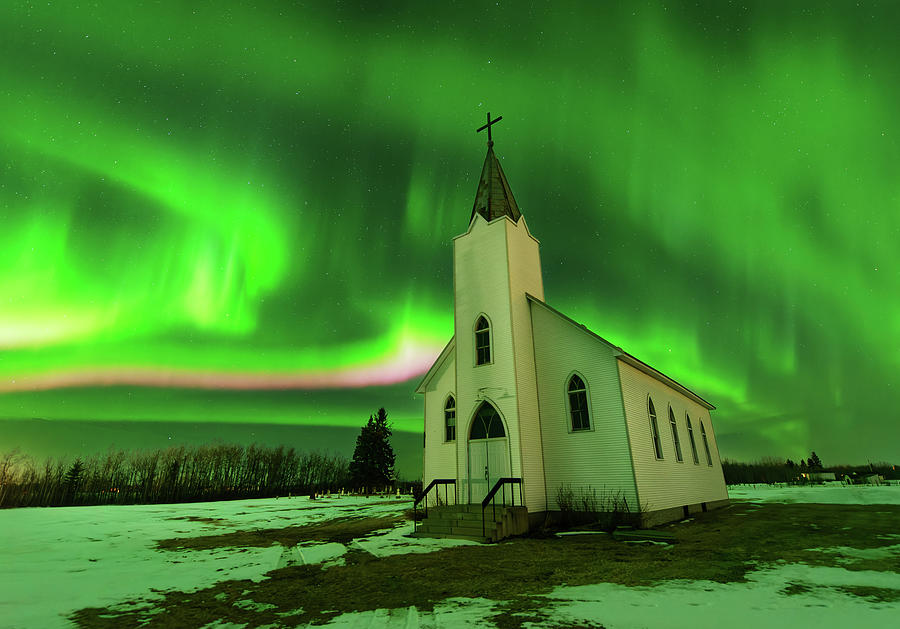 Church and Aurora Photograph by Dan Jurak
