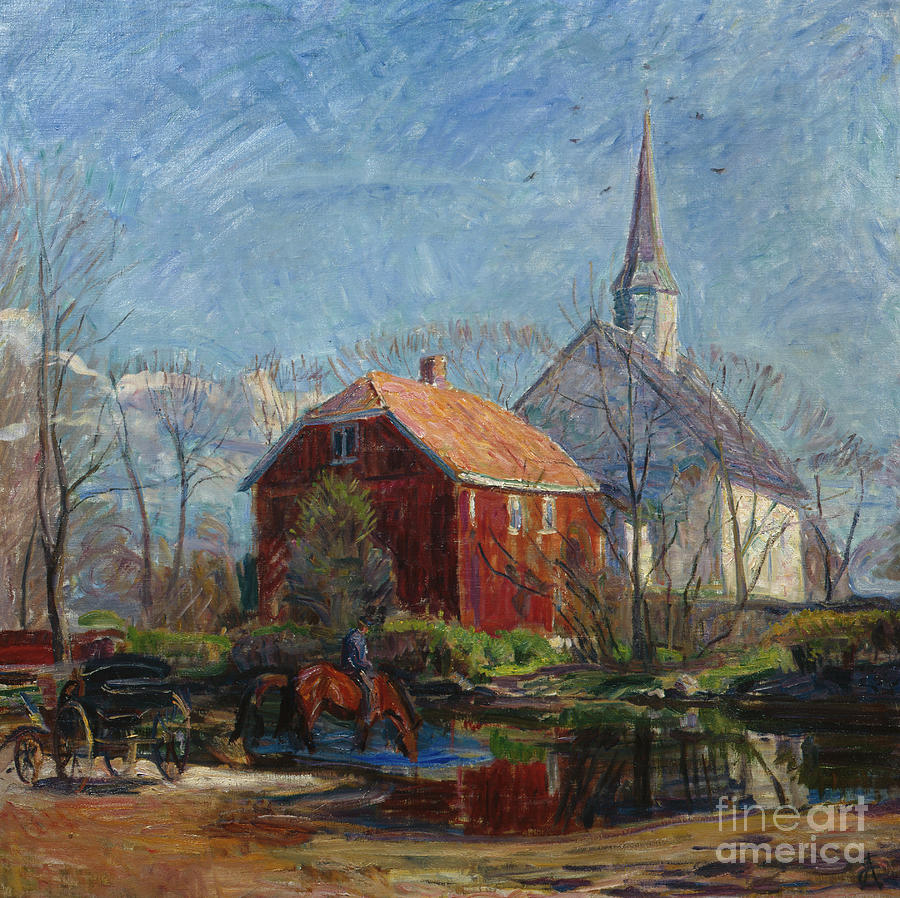Church and red house, Rygge Church Painting by O Vaering by August Eiebakke