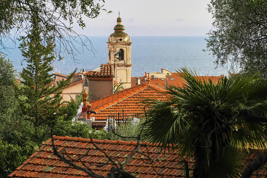 Church Bell Tower - View from Gardens of Villa Pompeo Mariani - Bordighera Photograph by Jenny Rainbow