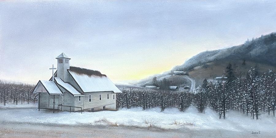 Christmas Painting - Church in Winter Orchards. Stemilt Hill. Wenatchee, Washington State. by Sasha S Fair