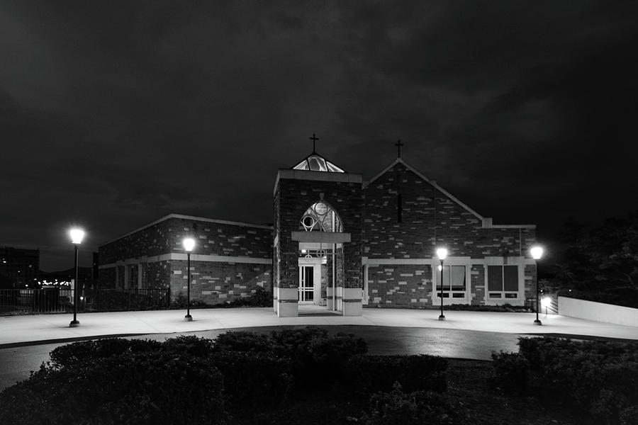 Church Night Entrance - Black and White Photograph by Deb Beausoleil