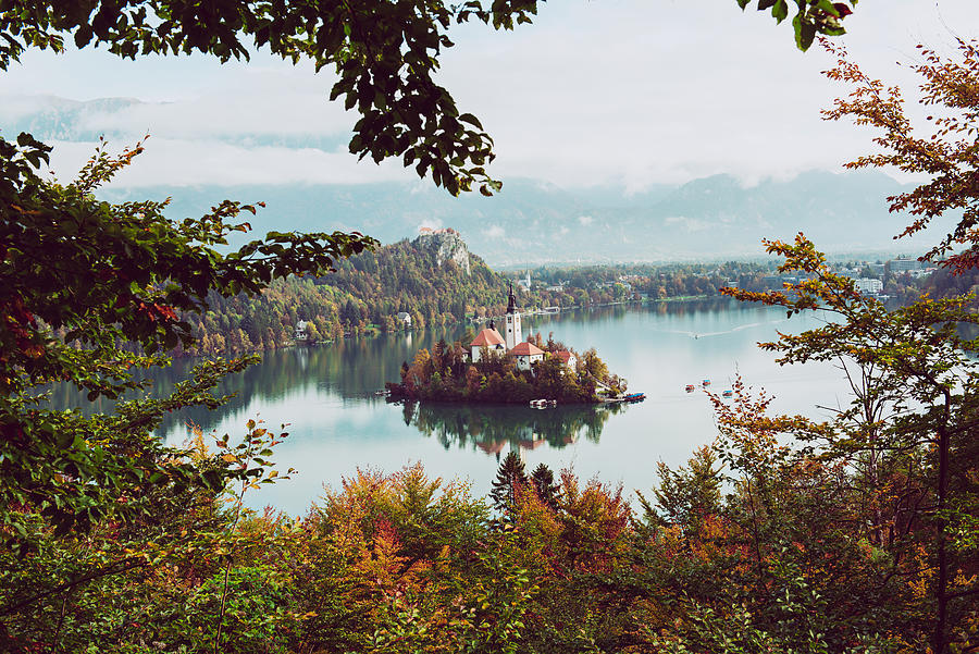 Church Of Assumption In Lake Bled Slovenia In The Autumn With Colorful Trees Drawing