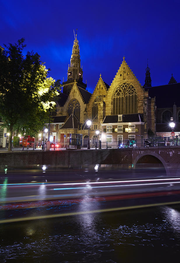Church of Westerkerk and canal at night Photograph by Allan Baxter