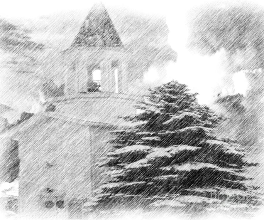 Church On A Cold Winter Morning Drawing