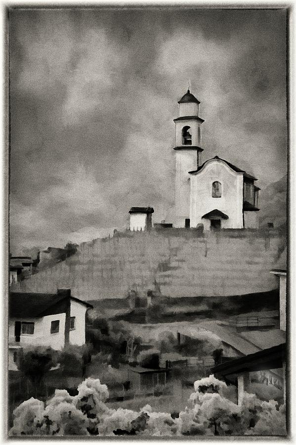 Church On The Hill Bw Painting