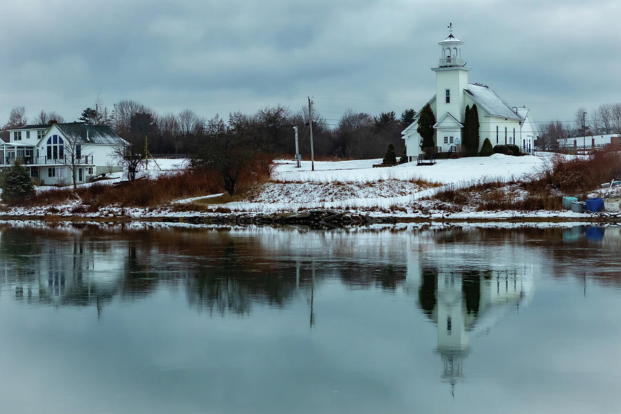 Church reflection in Maine Photograph by George Kenhan