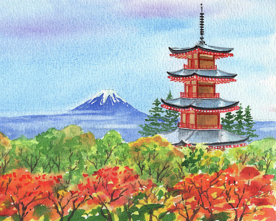 Chureito Pagoda With The View Of Mountain Fuji Watercolor  Painting by Irina Sztukowski