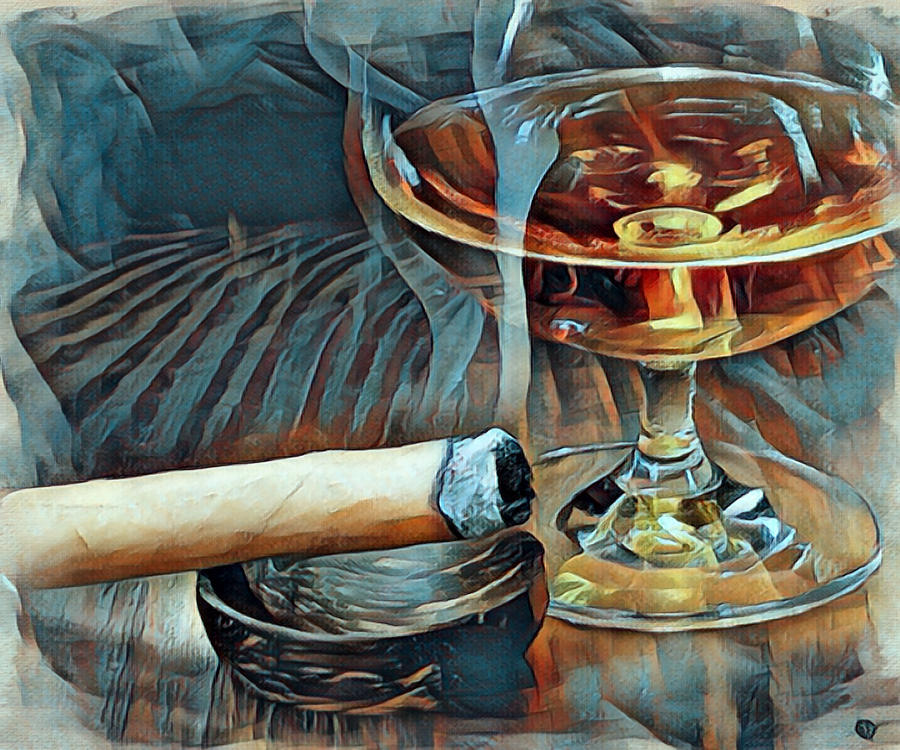 Cigar And Cordial Painting Blue Painting by Tony Rubino