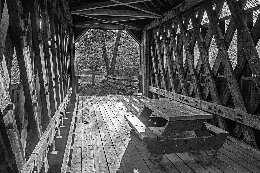 Cilleyville Covered Bridge Picnic Table Andover NH Black and White Photograph by Toby McGuire