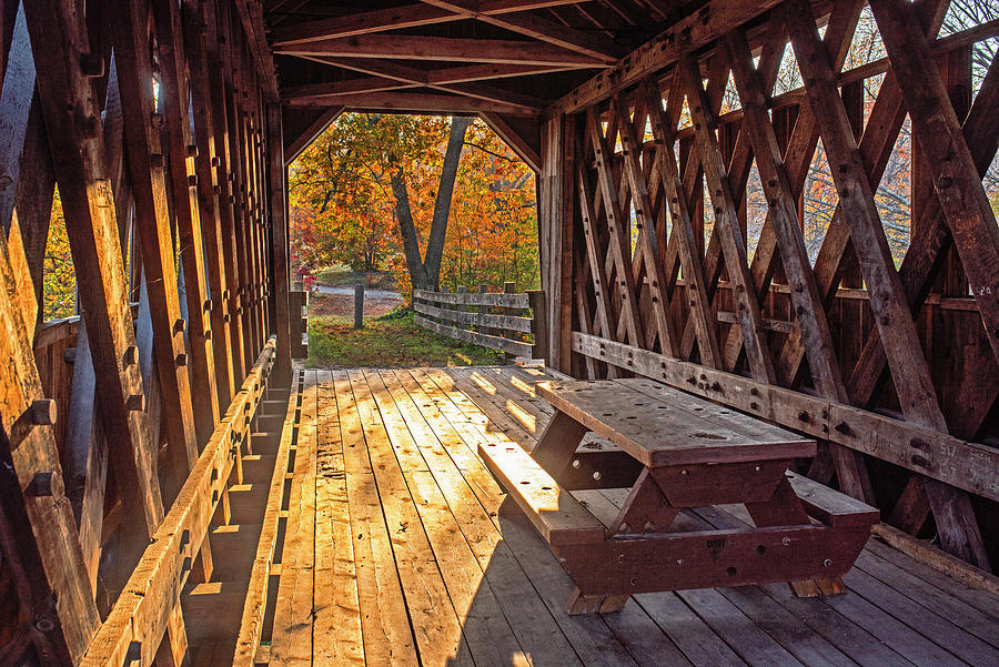 Cilleyville Covered Bridge Picnic Table Andover NH Photograph by Toby McGuire