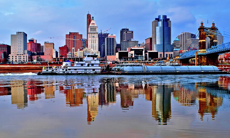 Cincinnati Barge and Reflection Photograph by Frozen in Time Fine Art Photography