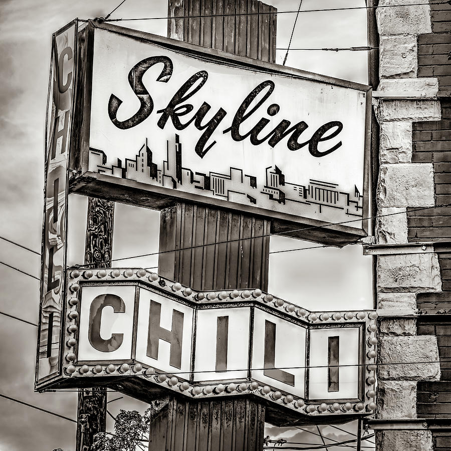 Cincinnati Famous Skyline Chili Sign - Classic Sepia 1x1 Photograph by Gregory Ballos
