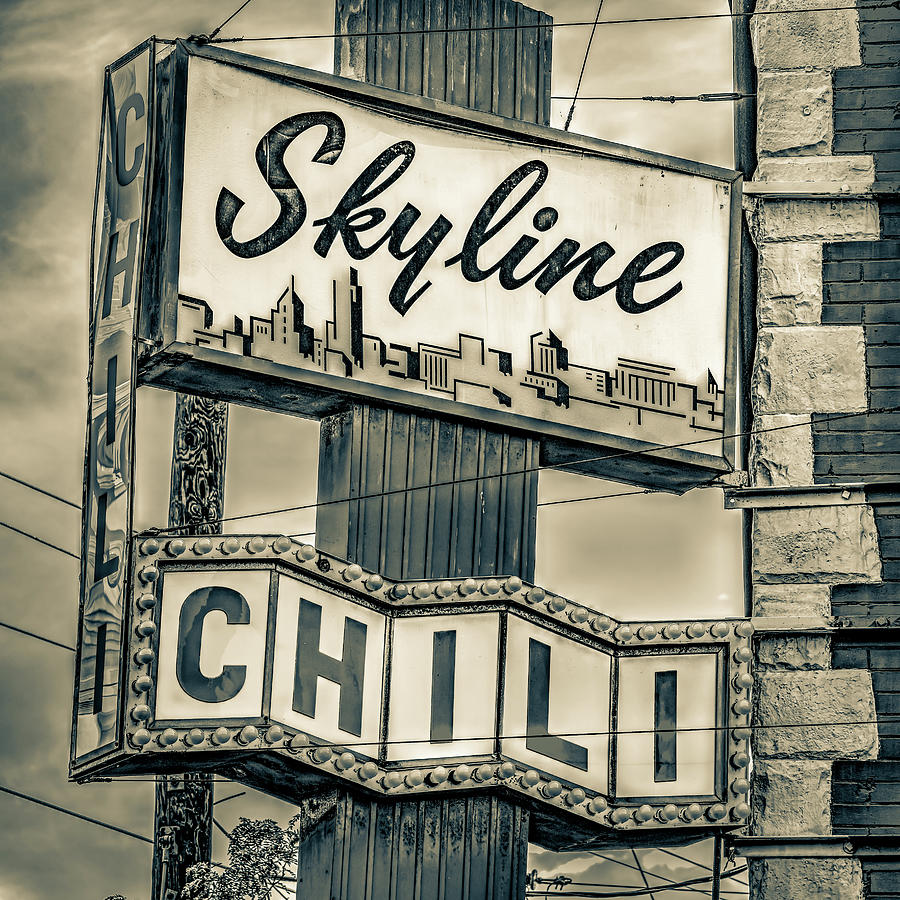 Cincinnati Famous Skyline Chili Sign - Sepia 1x1 Photograph by Gregory Ballos