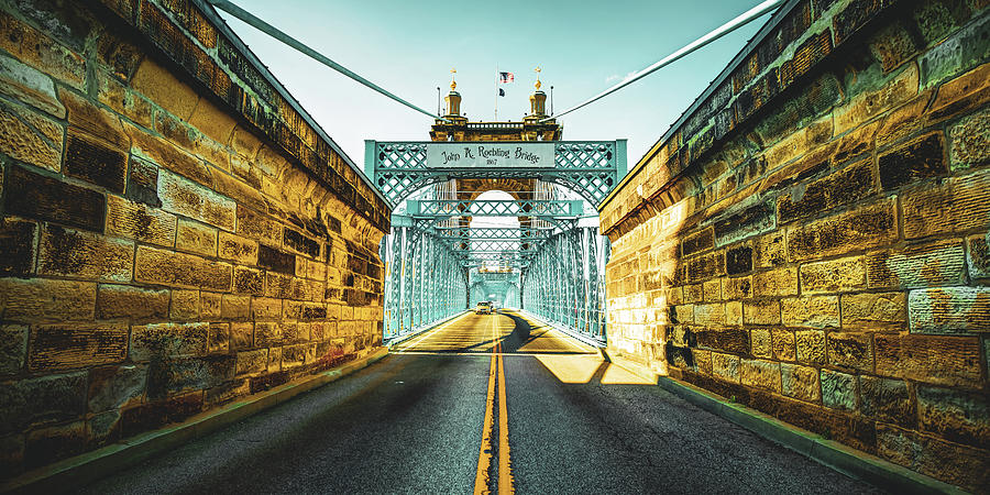 Cincinnati John Roebling Bridge Panorama Photograph by Gregory Ballos