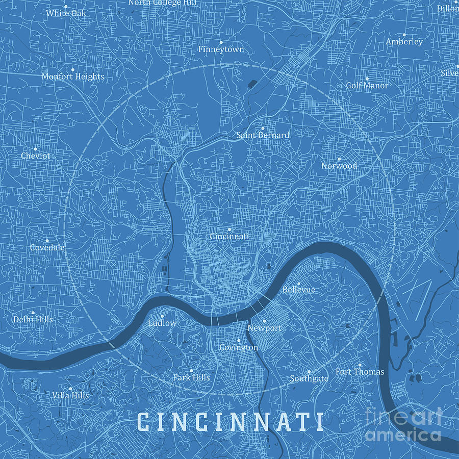 Cincinnati OH City Vector Road Map Blue Text Digital Art by Frank ...