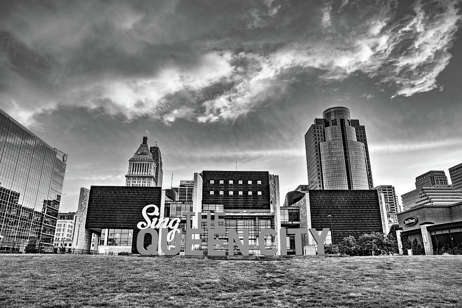 Cincinnati Ohio City Skyline Over Sing The Queen City - Black and White ...