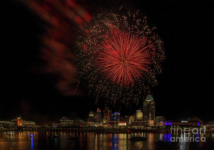 Cincinnati Ohio Fireworks in Red Photograph by Teresa Jack