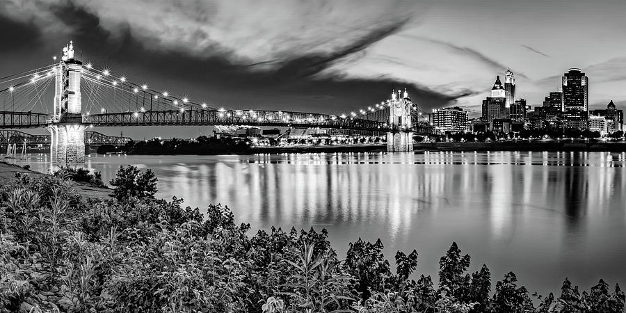 Cincinnati Reds Photograph - Cincinnati Ohio River Skyline and Roebling Bridge BW Panorama by Gregory Ballos