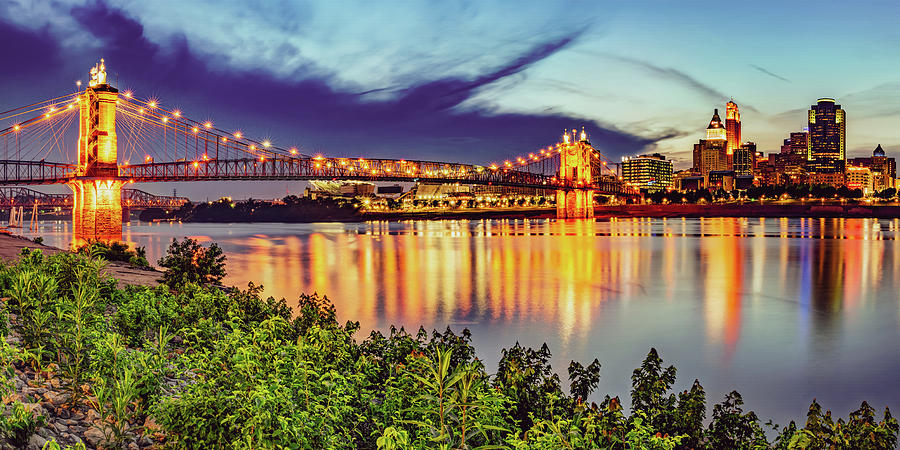 Cincinnati Reds Photograph - Cincinnati Ohio River Skyline and Roebling Bridge Panorama by Gregory Ballos