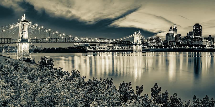 Cincinnati Reds Photograph - Cincinnati Ohio River Skyline and Roebling Bridge Sepia Panorama by Gregory Ballos