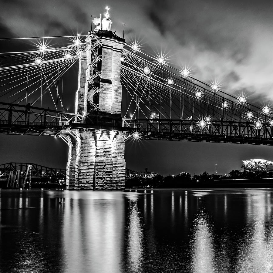 Cincinnati Ohio Roebling Bridge And Cityscape In Black and White - Left Panel 1 of 2 Photograph by Gregory Ballos