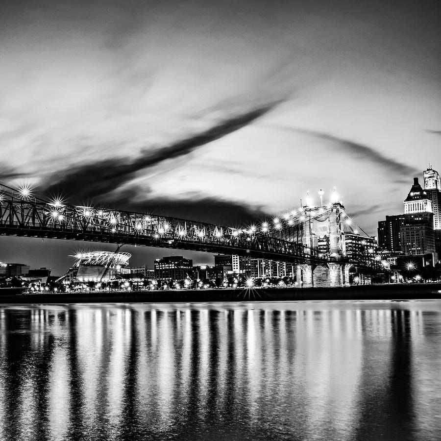 Cincinnati Ohio Roebling Bridge And Cityscape In Black and White - Right Panel 2 of 2 Photograph by Gregory Ballos