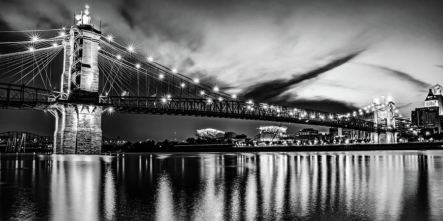Cincinnati Ohio Roebling Bridge Panorama - Black And White Photograph
