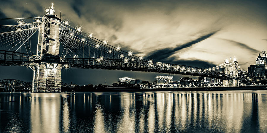 Cincinnati Skyline Photograph - Cincinnati Ohio Roebling Bridge Panorama - Sepia by Gregory Ballos
