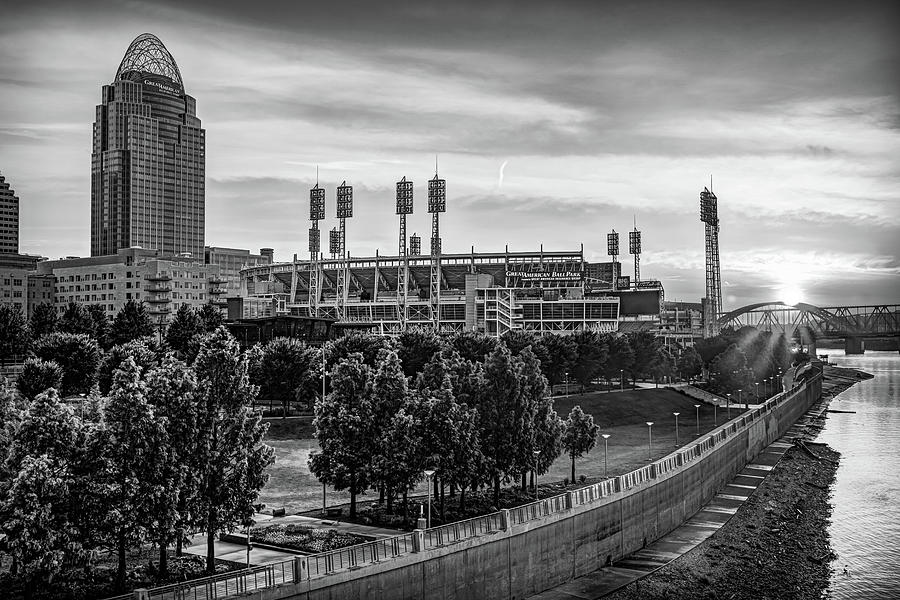 Cincinnati Ohio Skyline and Great American BallPark Sunrise In Black and White Photograph by Gregory Ballos