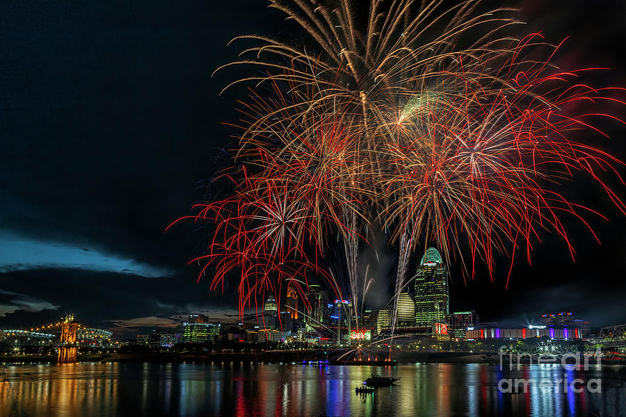 Cincinnati Ohio Skyline with Fireworks Photograph by Teresa Jack Pixels