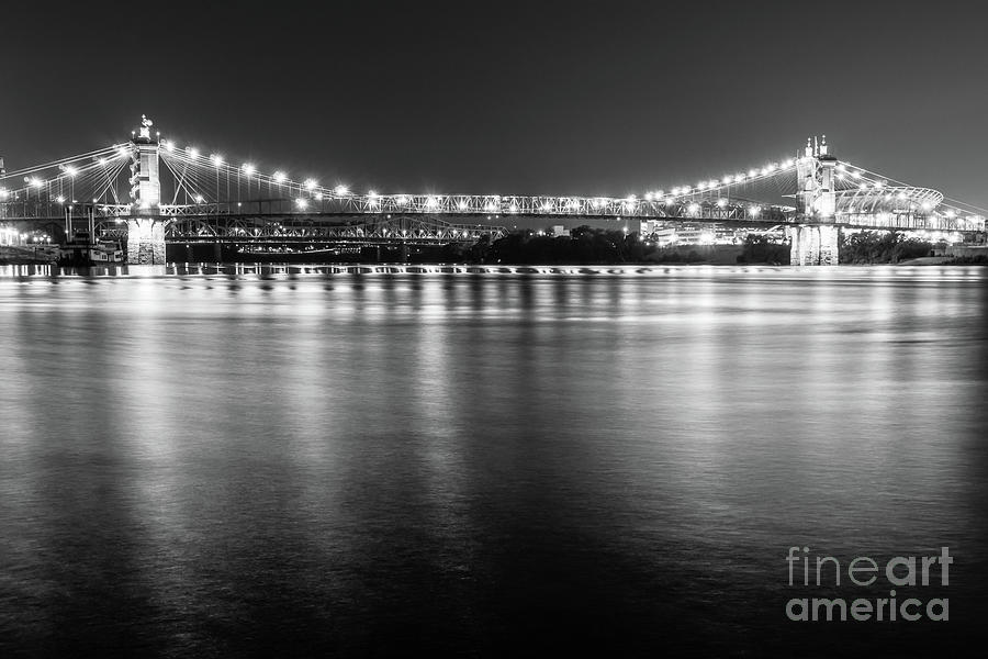Cincinnati Roebling Bridge at Night Black and White Photo Photograph by Paul Velgos