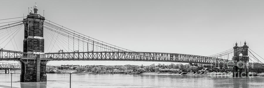 Cincinnati Roebling Bridge Black and White Panorama Photo Photograph by Paul Velgos