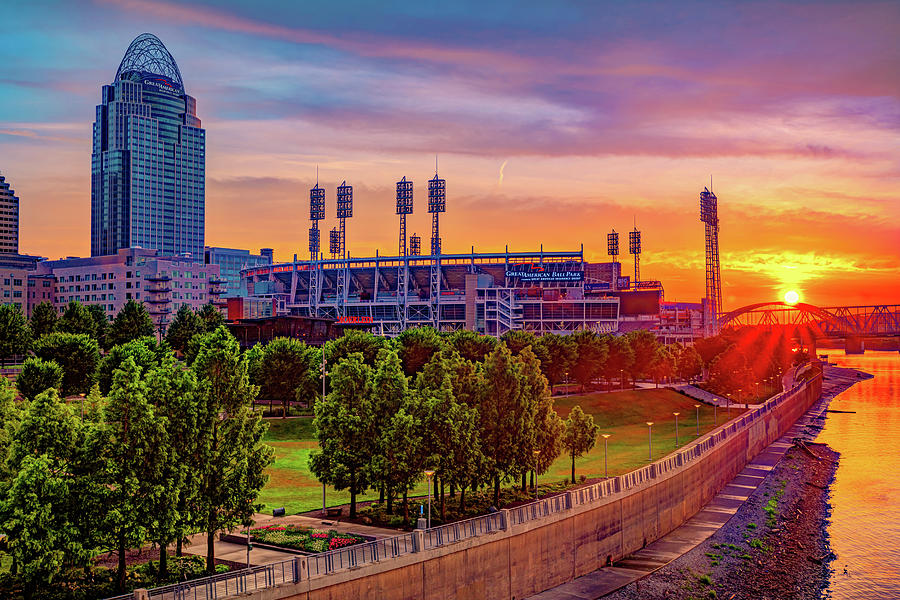 Cincinnati Skyline and Great American Ball Park Sunrise Photograph by Gregory Ballos