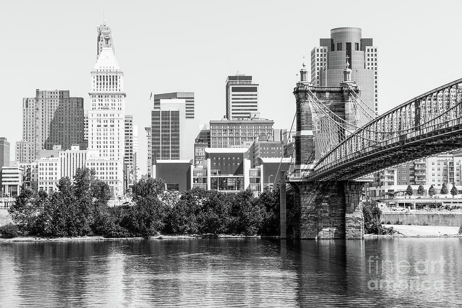 Cincinnati Skyline and Roebling Bridge Black and White Photo Photograph by Paul Velgos