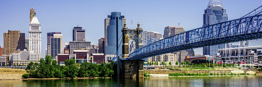 Cincinnati Skyline and Roebling Bridge Panorama Photo Photograph by Paul Velgos