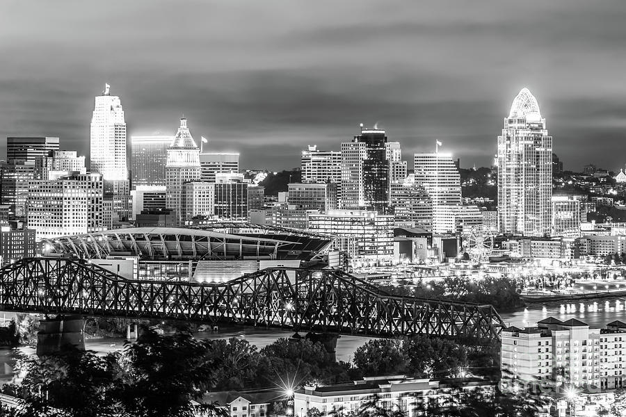 Cincinnati Skyline at Night Black and White Photo Photograph by Paul Velgos