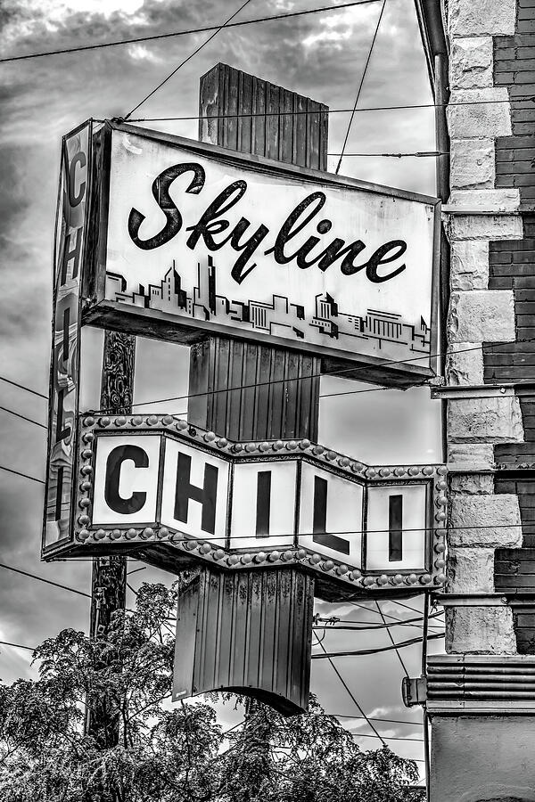 Cincinnati Skyline Chili Sign - Black and White Photograph by Gregory Ballos