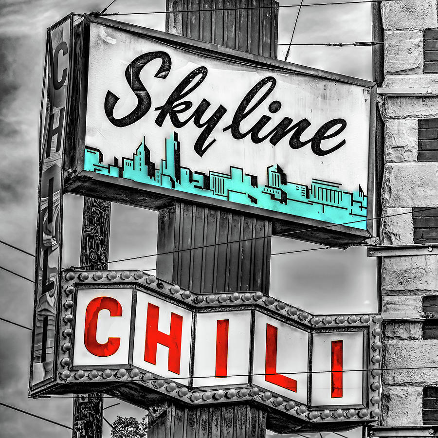 Cincinnati Skyline Chili Sign In Selective Color - Clifton Location 1x1 Photograph by Gregory Ballos
