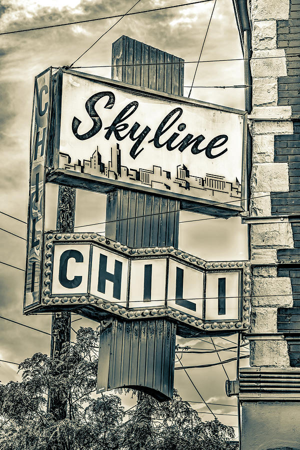 Cincinnati Skyline Photograph - Cincinnati Skyline Chili Sign - Sepia by Gregory Ballos