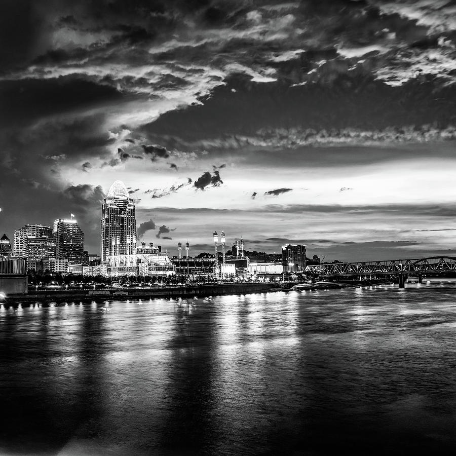 Cincinnati Skyline City Lights And Urban Shadows - Black and White 1x1 Photograph by Gregory Ballos