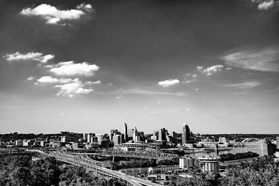 Cincinnati Skyline View from Devou Park in Black and White Photograph by Dave Morgan