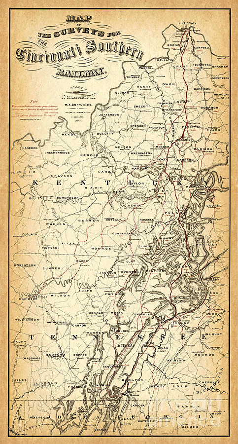 Cincinnati Southern Railway Map 1873 Photograph by Jon Neidert - Fine