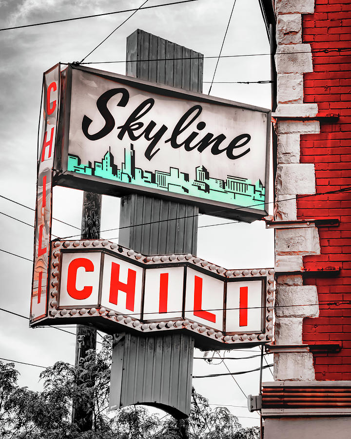 Cincy Skyline Chili Sign - Selective Color Photograph by Gregory Ballos