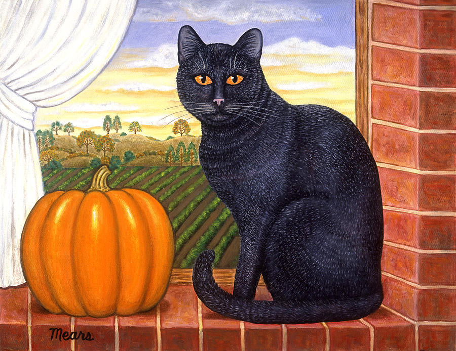 Pumpkin Painting - Cinder the Cat by Linda Mears
