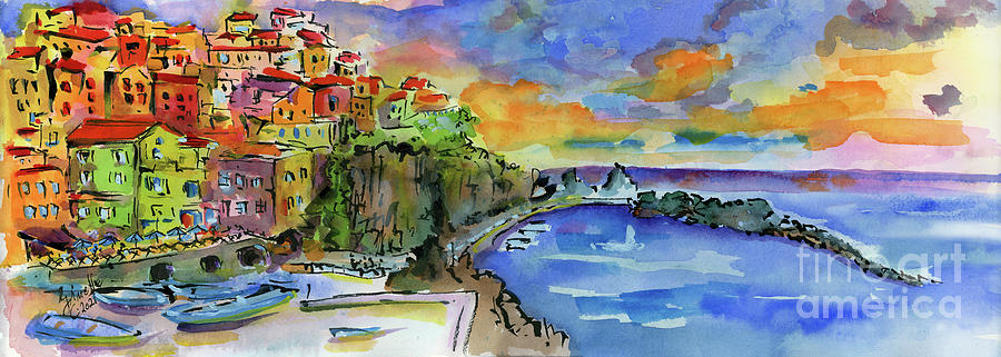 Cinque Terre Italy Riomaggiore Panorama Painting by Ginette Callaway