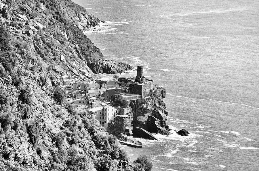 Cinque Terre Trail Overlook of Vernazza and Doria Castle Italy Black and White Photograph by Shawn OBrien