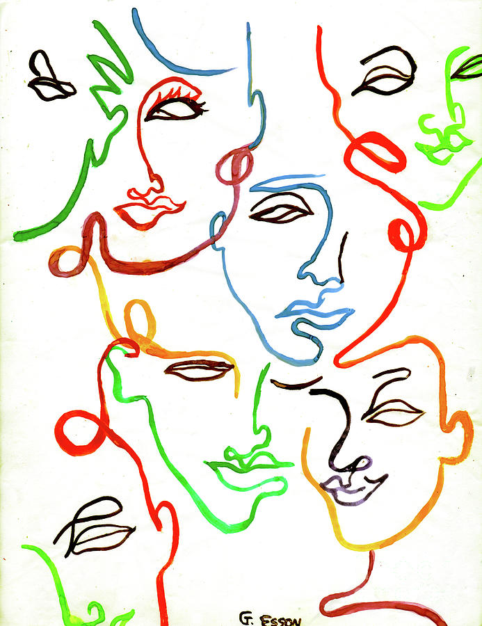 Continuous Color Line Faces Abstract Painting by Genevieve Esson